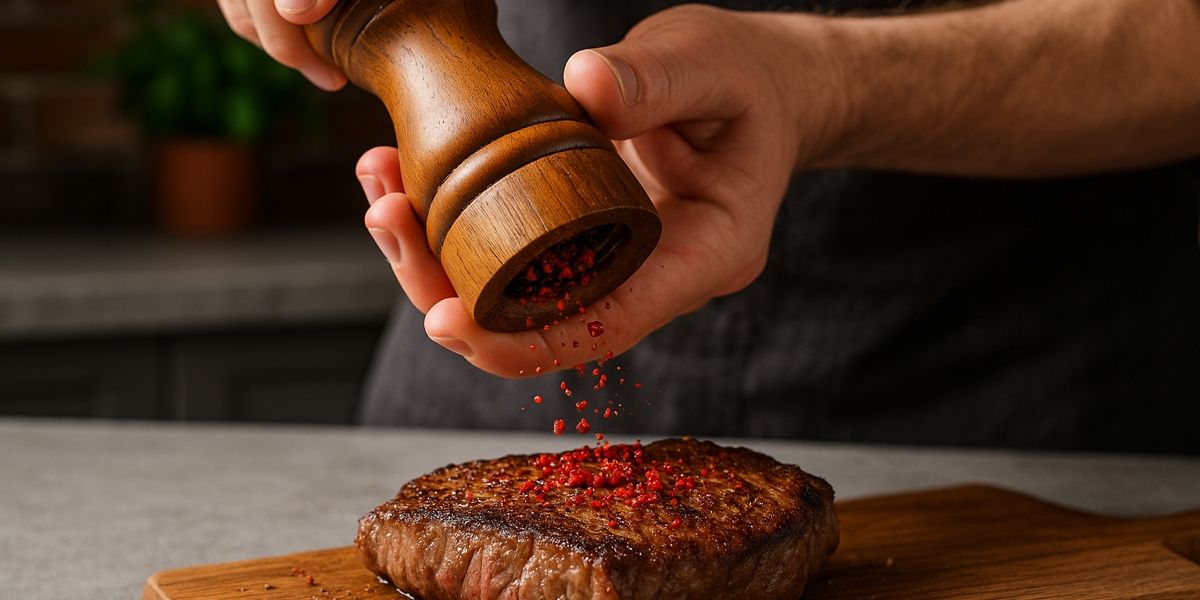 Červený kampotský pepř na steaku